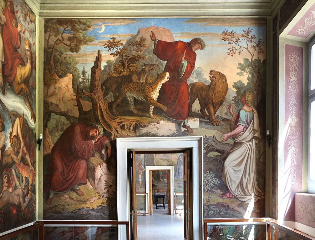 Stanza di Dante. Casino di villa Massimo, Roma - Dante nella selva trova le tre fiere e Virgilio